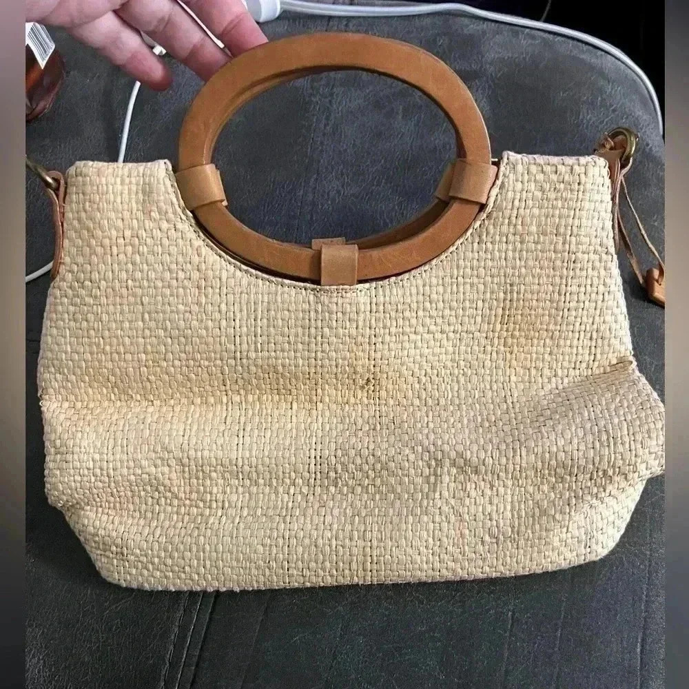 Fossil Vintage Bag Woven Straw & Leather Embroidered Beaded Floral Bag No Strap - Picture 3 of 5